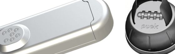 Sicherheits-Zahlenschloss mit Kombination und Puck-Design, ideal für Türen und Schränke Detailaufnahme eines silbernen Zahlenschlosses und eines runden Puck-Schlosses mit Zahlenkombination